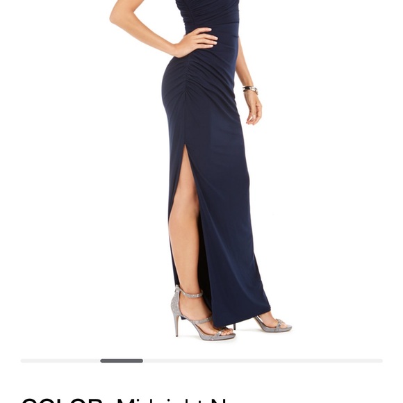 Adrianna Papell One Shoulder Jersey Gown side slit and rouchinh - Picture 3 of 6